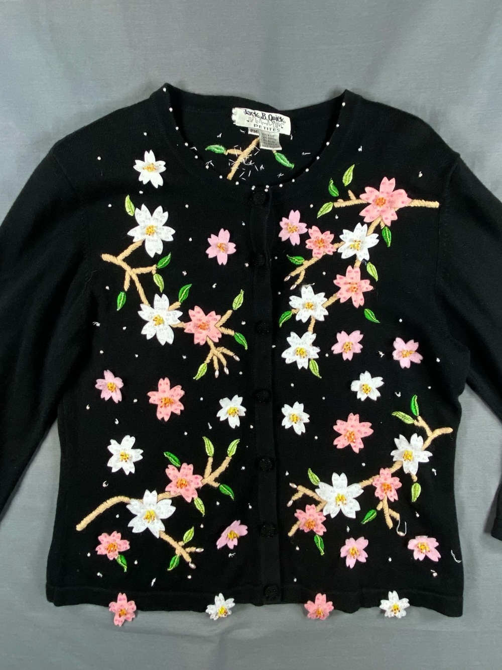 Vintage Jack B Quick Black Floral Embroidered Button-Front Sweater